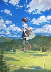 Rule 34 | 1girl, 1other, black hair, black pantyhose, black skirt, blue sky, building, cloud, cloudy sky, commentary, day, field, fir tree, fjsmu, floating, frilled skirt, frills, from side, full body, hat, highres, landscape, medium skirt, mountain, mountainous horizon, no wings, open hand, outdoors, outstretched arms, pantyhose, path, pointy ears, pom pom (clothes), red footwear, red headwear, rice paddy, road, scarecrow, scenery, shameimaru aya, shirt, short hair, skirt, sky, tokin hat, touhou, tree, white shirt, ||/
