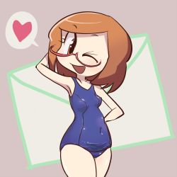 Rule 34 | 1girl, arm behind head, armpits, breasts, brown eyes, brown hair, covered erect nipples, envelope, glasses, hand on own hip, heart, highres, hip focus, itsuno mani koukannikki, k-nattoh, navel, nikki (swapnote), nintendo, one-piece swimsuit, one eye closed, open mouth, red-framed eyewear, school swimsuit, semi-rimless eyewear, short hair, small breasts, smile, solo, spoken heart, standing, swapnote, swimsuit, wink