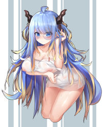 Rule 34 | 1girl, ahoge, bare arms, bare legs, bare shoulders, blonde hair, blue eyes, blue hair, breast hold, breasts, cleavage, closed mouth, collarbone, commentary, dot mouth, dot nose, eyes visible through hair, glasses, hand up, highres, horns, large breasts, legs together, long hair, looking at viewer, multicolored hair, navel, nipples, no bra, no panties, nude, original, pasties, qinshi-ji, see-through, see-through shirt, shirt, solo, streaked hair, sweat, tape, two-tone background, two-tone hair, very long hair, virtual youtuber, wet, wet clothes, wet shirt