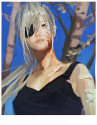 Rule 34 | 1girl, 637 00e seran, bandaid, bandaid on arm, bandaid on chest, bare tree, black tank top, blood, blood on face, border, chainsaw man, eyepatch, grey hair, highres, long hair, looking at viewer, ponytail, quanxi (chainsaw man), solo, tank top, torn clothes, tree, white border