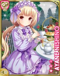 Rule 34 | 1girl, :o, blonde hair, bow, card, chair, character name, cup, dress, flower, food, frilled dress, frills, girlfriend (kari), hair ornament, headband, kettle, long hair, night, nishino ayane, official art, open mouth, outdoors, purple bow, purple dress, qp:flapper, red eyes, rose, sandwich, sitting, smile, solo, table, tagme, tea
