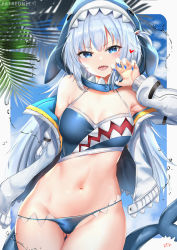Rule 34 | 1girl, animal costume, animal hood, bikini, blue eyes, blue hair, blue hoodie, blue nails, blue sky, blunt bangs, blush, breasts, cleavage, cloud, cyicheng, day, female focus, fins, fish tail, gawr gura, gluteal fold, hair ornament, hololive, hololive english, hood, hoodie, jacket, long sleeves, looking at viewer, medium breasts, multicolored hair, nail polish, navel, open clothes, open jacket, open mouth, outdoors, shark costume, shark girl, shark hood, shark tail, sharp teeth, silver hair, sky, smile, solo, streaked hair, swimsuit, tail, teeth, thigh gap, virtual youtuber