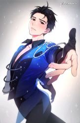 Rule 34 | 1boy, artist name, black hair, brown eyes, collared shirt, epaulettes, gearous, hair slicked back, katsuki yuuri, male focus, open clothes, open shirt, outstretched hand, parted lips, shirt, solo, sparkle, yuri!!! on ice