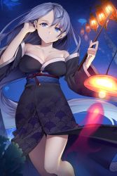 Rule 34 | 1girl, absurdly long hair, bad id, bad twitter id, blue eyes, blue hair, breasts, carchet, detached sleeves, tucking hair, highres, japanese clothes, kimono, lantern, large breasts, long hair, looking at viewer, night, night sky, obi, original, outdoors, paper lantern, sash, sky, solo, very long hair