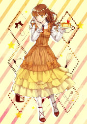 Rule 34 | 1girl, bad id, bad pixiv id, brown eyes, brown hair, cake, cross-laced footwear, dress, food, fork, full body, heart, holding, holding plate, jam, knife, layered dress, long hair, long sleeves, looking at viewer, midorino, midorino328, morinaga (brand), original, pancake, pantyhose, personification, plant, plate, see-through, shoes, solo, standing, teapot, white pantyhose, yellow dress