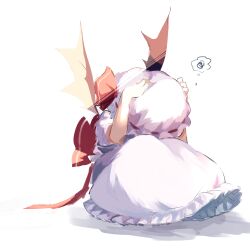 Rule 34 | 1girl, absurdres, bat wings, charisma guard, commeowdore, cowering, full body, hands on headwear, hat, hat ribbon, highres, mob cap, petticoat, red ribbon, remilia scarlet, ribbon, short sleeves, solo, spoken squiggle, squiggle, thought bubble, touhou, white hat, wings