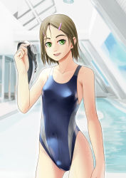 Rule 34 | absurdres, bad id, bad pixiv id, blue one-piece swimsuit, brown hair, competition swimsuit, goggles, green eyes, hair ornament, hairclip, highres, one-piece swimsuit, pool, raybar, short hair, solo, swim cap, swimsuit, wet
