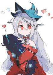 Rule 34 | 1girl, animal, arknights, bare shoulders, commentary request, detached sleeves, dress, expressionless, grey hair, hair between eyes, heart, highres, holding, holding animal, long hair, looking at viewer, official alternate costume, pointy hat, red dress, red eyes, red sleeves, simple background, skadi (arknights), skadi the corrupting heart (arknights), upper body, user mvyy7457, very long hair, white background