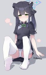 Rule 34 | 1girl, absurdres, animal ear fluff, animal ears, arm support, ass, black dress, black hair, blue archive, blunt bangs, blush, bow, breasts, china dress, chinese clothes, commentary request, dress, extra ears, green eyes, grey background, hair bow, hair ornament, hair ribbon, halo, highres, long hair, looking at viewer, nauvvii, panties, pelvic curtain, print dress, ribbon, short sleeves, shun (blue archive), shun (small) (blue archive), sidelocks, simple background, sitting, small breasts, smile, soles, solo, thighhighs, tiger ears, tiger girl, toes, twintails, underwear, white panties, white thighhighs