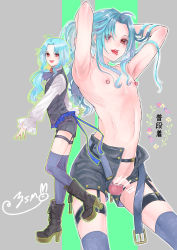 Rule 34 | 1boy, armpits, arms up, blue hair, bulge, censored, functionally nude, highres, long hair, male focus, nipple piercing, nipples, ojo ysm29, original, penis, piercing, red eyes, solo, thighhighs, tongue, tongue out, trap