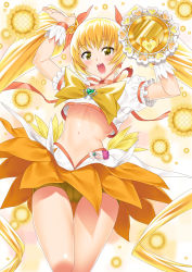 Rule 34 | 10s, 1girl, bike shorts, bike shorts under skirt, blonde hair, bow, brooch, cameltoe, cure sunshine, hair ribbon, heart, heart brooch, heartcatch precure!, highres, instrument, jewelry, long hair, magical girl, midriff, myoudouin itsuki, navel, orange bow, orange skirt, precure, ribbon, shorts, shorts under skirt, skirt, smile, solo, suzume inui, tambourine, twintails, very long hair, yellow background, yellow bow, yellow eyes, yellow theme