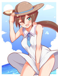 Rule 34 | 1girl, aile (mega man zx), blush, brown hair, clothes lift, cougar (cougar1404), dress, dress lift, green eyes, hat, holding clothes, holding dress, long hair, mega man (series), mega man zx, mega man zx advent, necktie, ocean, one eye closed, ponytail, tagme, wind, wind lift, wink