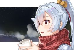 Rule 34 | 1girl, blush, breath, closed eyes, coffee, coffee mug, commentary request, cup, fate/grand order, fate (series), from side, grey hair, hair between eyes, hair ornament, high ponytail, highres, holding, holding cup, long hair, looking away, mug, night, outdoors, outside border, parted lips, pom pom (clothes), ponytail, red eyes, red scarf, scarf, smile, solo, steam, tapioka (oekakitapioka), tomoe gozen (fate), upper body