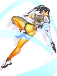 Rule 34 | 1girl, ass, black hair, bodysuit, dual wielding, from behind, gloves, goggles, gun, handgun, highres, holding, jacket, looking at viewer, looking back, open mouth, overwatch, overwatch 1, shoes, short hair, smile, sneakers, solo, spiked hair, taka-michi, tracer (overwatch), weapon