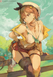 Rule 34 | 1girl, atelier (series), atelier ryza, breasts, brown hair, cleavage, cutesexyrobutts, hat, highres, large breasts, reisalin stout, sitting, solo, thick thighs, thighs