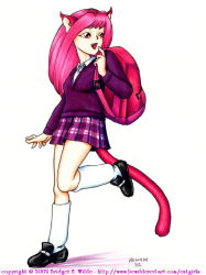 Rule 34 | 00s, 1girl, 2002, animal ears, backpack, bag, bewildered, black footwear, breasts, cat ears, cat girl, cat tail, fang, long hair, long sleeves, looking up, medium breasts, open mouth, pink hair, plaid, plaid skirt, purple skirt, purple sweater, red eyes, school uniform, shirt, shoes, skirt, smile, socks, solo, standing, standing on one leg, sweater, tail, traditional media, white background, white shirt, white socks