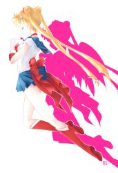 Rule 34 | 1girl, bishoujo senshi sailor moon, blonde hair, blue sailor collar, blue skirt, boots, bow, choker, double bun, elbow gloves, closed eyes, female focus, floating, full body, gloves, hair ornament, hairclip, knee boots, long hair, miniskirt, pleated skirt, profile, red bow, red footwear, sailor collar, sailor moon, shadow, simple background, skirt, solo, soraname, tsukino usagi, twintails, very long hair, white background, white gloves