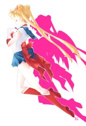 1girl bishoujo_senshi_sailor_moon blonde_hair blue_sailor_collar blue_skirt boots bow choker double_bun elbow_gloves closed_eyes female_focus floating full_body gloves hair_ornament hairclip knee_boots long_hair miniskirt pleated_skirt profile red_bow red_footwear sailor_collar sailor_moon shadow simple_background skirt solo soraname tsukino_usagi twintails very_long_hair white_background white_gloves