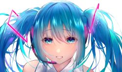 Rule 34 | 1girl, absurdres, aqua eyes, aqua hair, bare shoulders, close-up, commentary, english commentary, glowing, hair ornament, hatsune miku, headphones, headset, highres, long hair, looking at viewer, shiromonefu, shirt, smile, solo, twintails, vocaloid, white background, white shirt