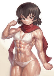 1girl abs alternate_muscle_size bikini brown_eyes brown_hair caesar_(girls_und_panzer) flat_chest flexing girls_und_panzer gradient_background looking_at_viewer muscular muscular_female red_scarf scarf simple_background smile sweat swimsuit white_bikini yilx