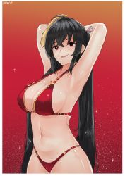 Rule 34 | 1girl, absurdres, ahoge, armpits, arms behind head, azur lane, bikini, black hair, blush, breasts, cleavage, collarbone, crossed bangs, dated, hair between eyes, hair ribbon, highres, kanta (kanta 077), large breasts, long hair, looking at viewer, mask, mask on head, navel, parted lips, red background, red bikini, red eyes, ribbon, shiny skin, simple background, smile, sparkle, striped ribbon, swimsuit, taihou (azur lane), twintails, very long hair
