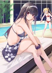Rule 34 | 2girls, absurdres, bikini, black bikini, black choker, black hair, blonde hair, breasts, choker, closed mouth, crossed legs, elbow rest, fang, floral print, hairband, highres, indoors, jewelry, kasumigaoka utaha, large breasts, long hair, looking at another, looking at viewer, multiple girls, navel, necklace, open mouth, poolside, print sarong, red bikini, red eyes, saenai heroine no sodatekata, sarong, sawamura spencer eriri, scrunchie, sitting, small breasts, smile, solo focus, stomach, swimsuit, thighs, twintails, v-shaped eyebrows, white hairband, window, wrist scrunchie, yanagi marie