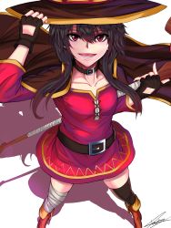 Rule 34 | 10s, 1girl, black hair, cape, fingerless gloves, gloves, hat, highres, kono subarashii sekai ni shukufuku wo!, looking at viewer, megumin, open mouth, red eyes, short hair, simple background, single thighhigh, solarsadist, solo, thighhighs, witch hat