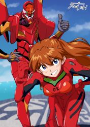 Rule 34 | 1girl, artist request, blue sky, bodysuit, breasts, brown hair, eva 02, grin, hand on own hip, highres, interface headset, long hair, looking at viewer, mecha, neon genesis evangelion, plugsuit, red bodysuit, robot, shiny clothes, simple background, sky, smile, solo, souryuu asuka langley, two side up