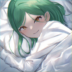 Rule 34 | 1girl, absurdres, bed sheet, brown eyes, green hair, grin, highres, kitakoji hisui, long hair, long sleeves, looking at viewer, lying, nijisanji, on bed, on side, parted bangs, pillow, pov across bed, sharp teeth, shirt, smile, solo, teeth, under covers, upper body, virtual youtuber, white shirt, yotsugi