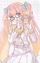 Rule 34 | 1girl, blonde hair, blue archive, blue eyes, blush, bow, feather hair, glasses, grid background, hair bow, highres, holding, long hair, long sleeves, looking at viewer, multicolored hair, open mouth, orange hair, pleated skirt, rco as, sailor collar, school uniform, serafuku, shimiko (blue archive), sidelocks, simple background, skirt, solo, twintails, very long hair, white skirt