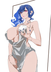 Rule 34 | 1girl, absurdres, azur lane, backless dress, backless outfit, bare shoulders, blue hair, blue nails, breast lift, breasts, cleavage, dress, earrings, evening gown, grey dress, hair between eyes, hair ornament, hairclip, halter dress, halterneck, head dog, highres, jewelry, large breasts, nail polish, necklace, pink eyes, plunging neckline, revealing clothes, side ponytail, sidelocks, silver dress, st. louis (azur lane), st. louis (luxurious wheels) (azur lane), thighs, white background