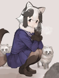 Rule 34 | 1girl, animal ears, blue shirt, blue skirt, breath, breathing on hands, brown eyes, brown footwear, brown fur, brown gloves, brown hair, brown pantyhose, commentary request, extra ears, fur collar, fur trim, gloves, highres, kemono friends, koruse, loafers, long sleeves, multicolored hair, own hands together, pantyhose, pleated skirt, raccoon ears, raccoon girl, raccoon tail, sailor collar, school uniform, shirt, shoes, short hair, skirt, solo, squatting, tail, tanuki, tanuki (kemono friends), two-tone hair, warming hands, white fur, white hair