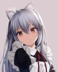Rule 34 | animal ear fluff, animal ears, apron, artist name, borrowed character, brown background, cat ears, cat girl, closed mouth, commentary, feiqizi (fkey), grey hair, hair between eyes, haneru, highres, juliet sleeves, long hair, long sleeves, looking at viewer, maid, neck ribbon, original, puffy sleeves, red eyes, red ribbon, ribbon, simple background, solo, upper body, white apron
