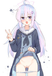 Rule 34 | 1girl, ahoge, black neckerchief, blue archive, blush, cleft of venus, clothes lift, grey serafuku, hair ornament, halo, highres, lifted by self, low twintails, neckerchief, open mouth, panties, panty pull, pleated skirt, pussy, pussy juice, pussy juice trail, reisa (blue archive), rogu (log 264), sailor collar, school uniform, serafuku, skirt, skirt lift, star (symbol), star hair ornament, star halo, striped clothes, striped panties, twintails, underwear, v, white sailor collar