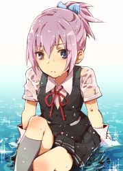 Rule 34 | 10s, 1girl, blue eyes, buttons, gloves, grey legwear, hair ornament, kantai collection, partially submerged, pink hair, pocket, ponytail, red ribbon, ribbon, shiranui (kancolle), skirt, solo, synrnmd, uniform, vest, wet, wet clothes, white gloves
