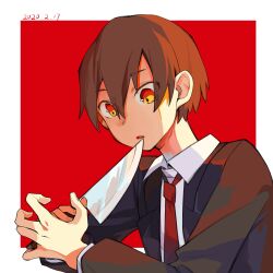 Rule 34 | 1boy, black jacket, black pants, brown hair, chinese commentary, collared shirt, commentary request, dated, hair between eyes, highres, holding, holding knife, imminent suicide, jabuchi you, jacket, knife, long sleeves, male focus, necktie, open mouth, orange eyes, pants, red necktie, saibou shinkyoku, shehan heqi, shirt, short hair, solo, upper body, white shirt