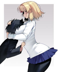 1boy 1girl absurdres arcueid_brunestud black_hair black_pantyhose blonde_hair blue_skirt blush breast_smother breasts commission curvy face_to_breasts from_behind grabbing_another&#039;s_head highres huge_breasts kouno_(masao) large_breasts pantyhose plump red_eyes school_uniform short_hair skeb_commission skirt smile sweater thighhighs tohno_shiki tsukihime tsukihime_(remake) turtleneck turtleneck_sweater white_sweater