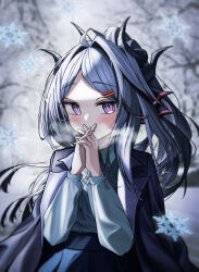 Rule 34 | 1girl, absurdres, ahoge, alternate costume, blue archive, blurry, blush, coat, coat on shoulders, collared shirt, commentary request, demon girl, demon horns, depth of field, hair ornament, hair ribbon, hairclip, halo, highres, hina (blue archive), horns, ice crystal, interlocked fingers, jimieokaes, long hair, long sleeves, looking at viewer, own hands together, parted bangs, parted lips, pleated skirt, ponytail, purple eyes, ribbon, school uniform, shirt, sidelocks, skirt, solo, visible air, white hair