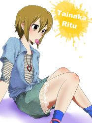 Rule 34 | 1girl, absurdres, alternate hairstyle, bad id, bad pixiv id, brown eyes, brown hair, candy, casual, female focus, food, hair down, highres, jewelry, k-on!, lollipop, mouth hold, necklace, shirt, sitting, skirt, solo, tainaka ritsu, takeuchi aya, tied shirt, white background