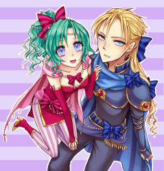 Rule 34 | 1990s (style), 1boy, 1girl, armor, blonde hair, blue eyes, blue ribbon, bow, bowtie, cape, detached sleeves, earrings, edgar roni figaro, final fantasy, final fantasy vi, green hair, jewelry, long hair, merrymerry, open mouth, ponytail, red ribbon, ribbon, tina branford
