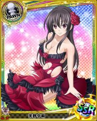 Rule 34 | 10s, 1girl, artist request, black hair, card (medium), character name, chess piece, dress, flower, hair flower, hair ornament, high school dxd, long hair, official art, pawn (chess), purple eyes, raynare, red dress, smile, solo, torn clothes, trading card
