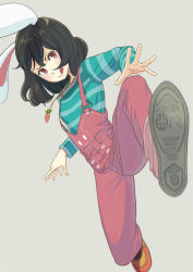 Rule 34 | 1girl, alternate costume, animal ears, aqua shirt, bad id, bad pixiv id, black hair, carrot necklace, commentary request, dutch angle, full body, hair between eyes, inaba tewi, jewelry, kicking, long sleeves, looking at viewer, md5 mismatch, necklace, orange footwear, overalls, p no hito, pants, rabbit ears, red eyes, red pants, shirt, shoe soles, shoes, short hair, silver background, solo, striped clothes, striped shirt, suspenders, tongue, tongue out, touhou