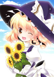 Rule 34 | 1girl, ;d, blonde hair, bow, braid, brown eyes, female focus, flower, hat, hat bow, highres, kirisame marisa, one eye closed, open mouth, ribbon, short hair, single braid, smile, solo, sunflower, touhou, tsukasaki aoi, upper body, wink, witch hat