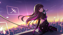 Rule 34 | 1girl, absurdres, ass, back, black hair, blue eyes, bodysuit, building, city, from behind, girls&#039; frontline, girls&#039; frontline neural cloud, highres, long hair, looking at viewer, looking back, nascita (neural cloud), outdoors, pink hair, sitting, solo, tongue, tongue out, wo you yibei jia wanli