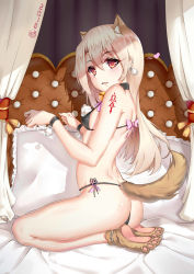 Rule 34 | 1girl, 2018, absurdres, animal ears, ass, bikini, black bikini, blush, bow, chinese zodiac, commentary request, curtains, dog ears, dog girl, dog tail, earrings, fate/kaleid liner prisma illya, fate (series), frilled pillow, frills, full body, hair between eyes, heart, highres, illyasviel von einzbern, jewelry, kemonomimi mode, light brown hair, long hair, looking at viewer, looking to the side, parted lips, paw shoes, pillow, pink bow, red eyes, seiza, shoes, sitting, solo, swimsuit, tail, very long hair, wristband, year of the dog, yiyu qing mang