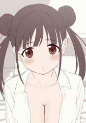 Rule 34 | 1girl, animated, animated gif, bed, blush, breasts, brown eyes, brown hair, cleavage, collarbone, dot nose, double bun, hair bun, idolmaster, idolmaster shiny colors, imminent kiss, incoming kiss, large breasts, looking at viewer, open clothes, open shirt, pillow, pov, shirt, sincos, solo, sonoda chiyoko, upper body, white shirt