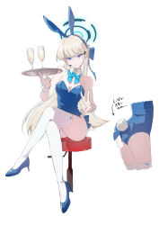 Rule 34 | 1girl, absurdres, animal ears, blonde hair, blue archive, blue bow, blue eyes, blue footwear, bow, bowtie, breasts, chair, champagne flute, cleavage, commentary request, cropped legs, crossed legs, cup, detached collar, drinking glass, fake animal ears, fingernails, full body, gloves, halo, headset, high heels, highres, holding, holding tray, leotard, long fingernails, long hair, looking at viewer, medium breasts, mokusei309, multiple views, playboy bunny, rabbit ears, rabbit tail, shoes, simple background, sitting, tail, thighhighs, thighs, toki (blue archive), toki (bunny) (blue archive), translated, tray, v, very long hair, white background, white gloves, white thighhighs, wrist cuffs