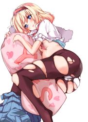 Rule 34 | 1girl, alice margatroid, ass, black pantyhose, blonde hair, blue eyes, blush, capelet, cover, cover page, female focus, hairband, highres, looking at viewer, lying, nikke (cherish), on side, open mouth, panties, panties under pantyhose, pantyhose, pillow, short hair, skirt, unworn skirt, solo, torn clothes, torn pantyhose, touhou, underwear, white panties, yes, yes-no pillow