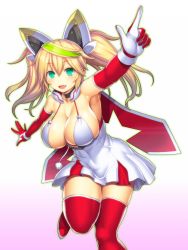 Rule 34 | 1girl, :d, aqua eyes, armpits, asamura hiori, blonde hair, boots, breasts, choker, cleavage, covered navel, dress, eyebrows, fang, female focus, gen&eacute; (pso2), gene (pso2), gloves, gradient background, green hair, hair between eyes, hair ornament, highres, large breasts, long hair, multicolored hair, open mouth, outstretched arms, phantasy star, phantasy star online 2, pointing, pointing up, pom pom (clothes), red footwear, red gloves, sleeveless, sleeveless dress, smile, solo, thigh boots, thighhighs, twintails