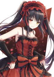 Rule 34 | 1girl, absurdres, bare shoulders, black hair, black hairband, black sleeves, bow, breasts, closed mouth, collarbone, commentary request, date a live, detached sleeves, dress, frilled hairband, frills, hairband, heterochromia, highres, kiri celea, long hair, long sleeves, medium breasts, red bow, red dress, red eyes, red ribbon, ribbon, signature, sleeveless, sleeveless dress, sleeves past wrists, smile, solo, striped, striped bow, tokisaki kurumi, twintails, very long hair, white background, yellow eyes